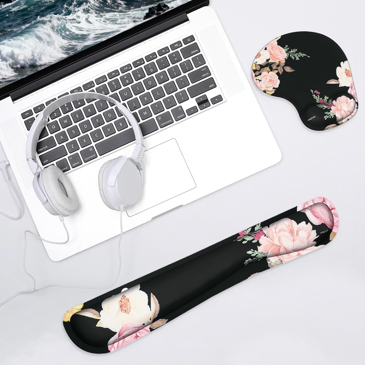 MOSISO Wrist Rest Support for Mouse Pad&Keyboard Set, Curved Peony Ergonomic Mousepad&Coaster Non-Slip Base Home/Office Pain Relief&Easy Typing Cushion with Neoprene Cloth&Raised Memory Foam, Black