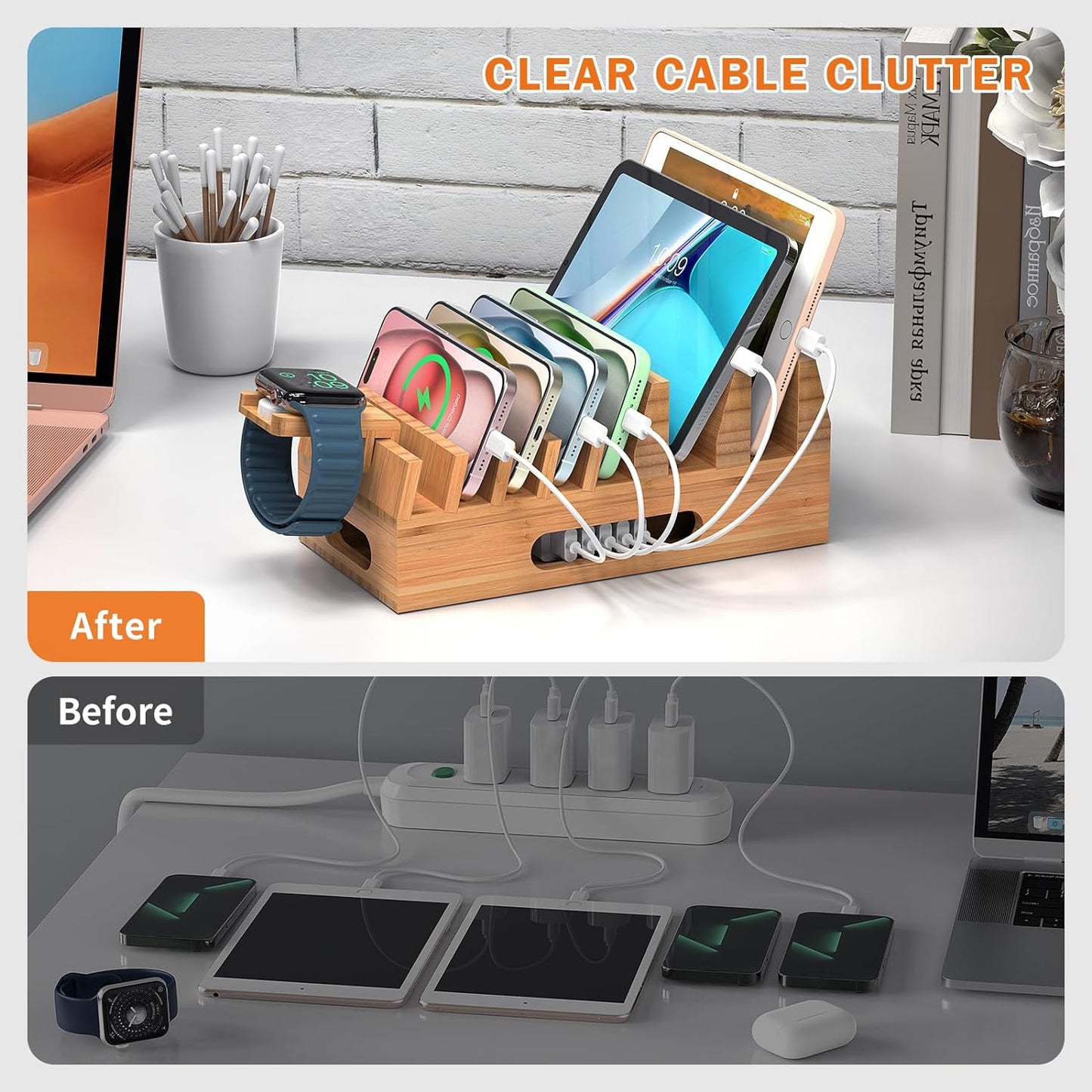 Pezin & Hulin Bamboo Charging Station Organizer for Multiple Devices & Wood Desktop Docking Charging Stand Such As Cell Phone, Tablets, Phone Case and Watch Stand(No USB Charger)