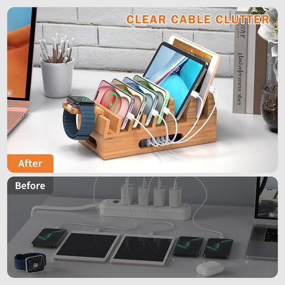 Pezin & Hulin Bamboo Charging Station Organizer for Multiple Devices & Wood Desktop Docking Charging Stand Such As Cell Phone, Tablets, Phone Case and Watch Stand(No USB Charger)