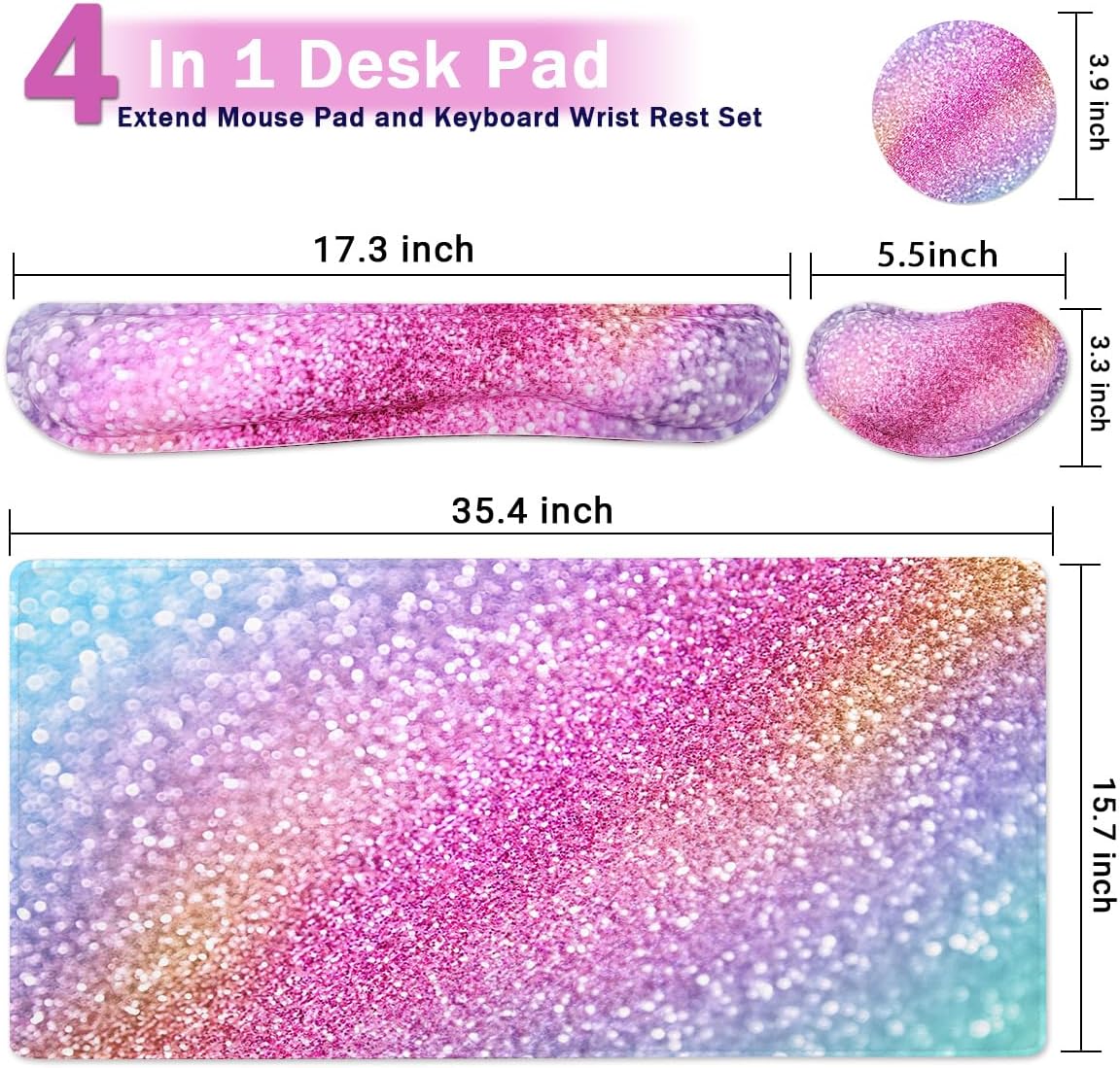 4-in-1 Large Mouse Pad, Keyboard Wrist Rest Pad & Wrist Support Mousepad Set, Extended Desk Pad Waterproof Desk Mat for Home Office Study Game