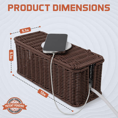 Cable Management Box, Handmade Rattan Cable Organizer with 2 Open Slots, Cord Hider for Power Strip, Router & USB Hub, Registered U.S. Design Patent (D1,112,102), 13" x 5.1" x 5.1", Natural