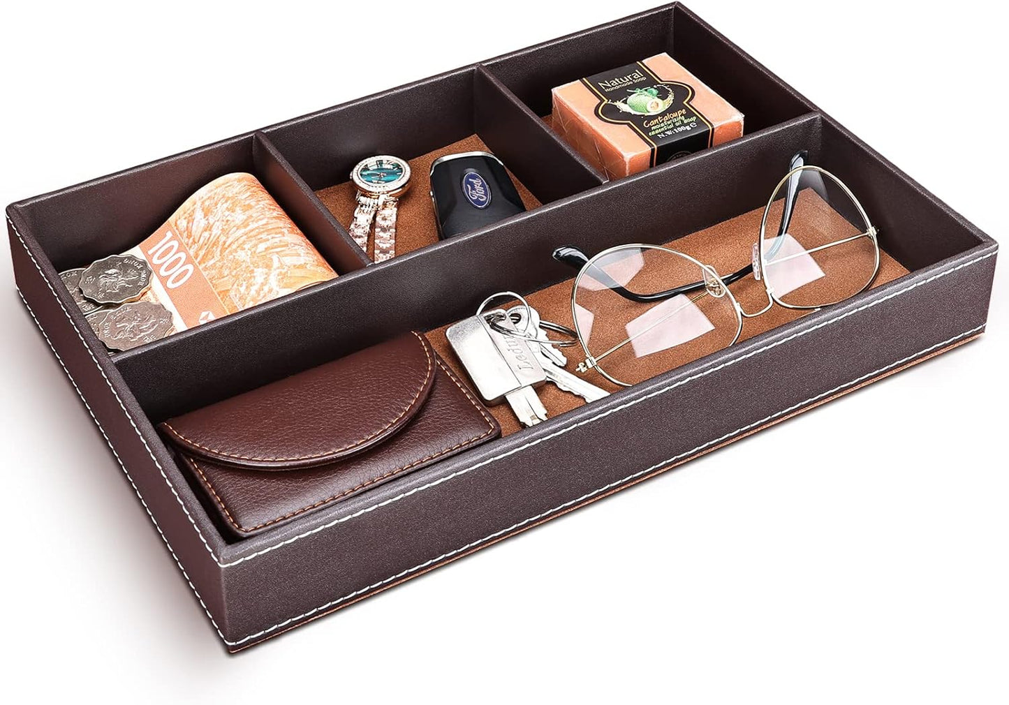 GORESE 2 Pieces Faux Leather Valet Tray for Men, Stackable Jewelry Organizer for Drawers, Nightstand Caddy Tray for Key, Wallet, Sunglass, Watch, Coin, Phone, Bedside Desk-top Storage Black