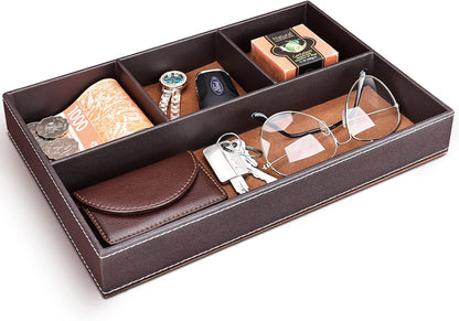 GORESE 2 Pieces Faux Leather Valet Tray for Men, Stackable Jewelry Organizer for Drawers, Nightstand Caddy Tray for Key, Wallet, Sunglass, Watch, Coin, Phone, Bedside Desk-top Storage Black