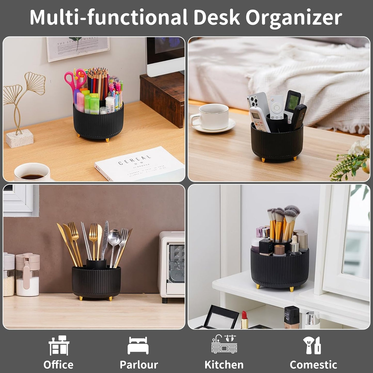 Marbrasse Desk Organizer, 360-Degree Rotating Pen Holder, Desk Organizers and Accessories with 5 Compartments Pencil Holder, Art Supply Storage Box Caddy for Office, Home（White）