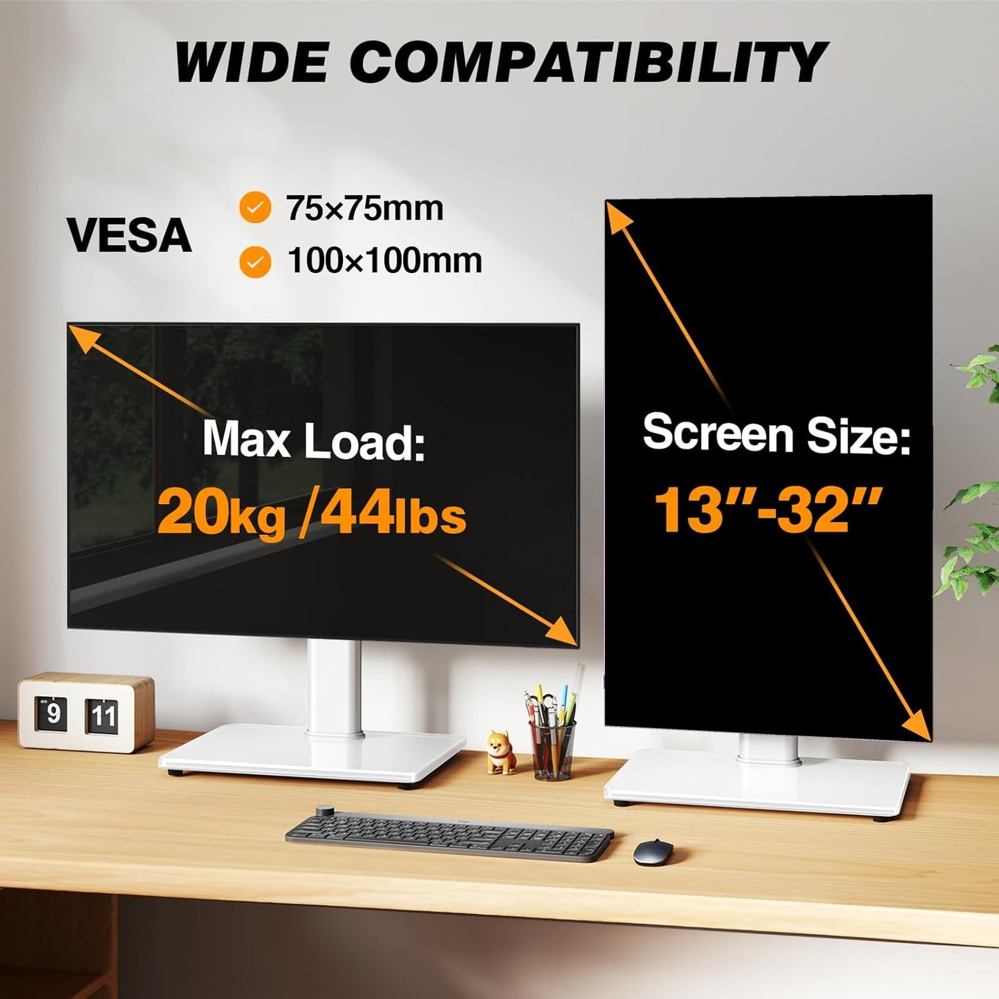 Single Monitor Stand VESA Mount for 13-32 Inch Screens, Free-Standing Monitor Riser with Swivel Tilt Rotation Height Adjustable, Universal Desk Stand up to 44lbs, VESA 75x75, 100x100mm