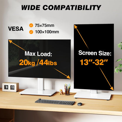 Single Monitor Stand VESA Mount for 13-32 Inch Screens, Free-Standing Monitor Riser with Swivel Tilt Rotation Height Adjustable, Universal Desk Stand up to 44lbs, VESA 75x75, 100x100mm