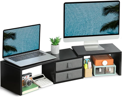 TEAMIX Dual Monitor Stand Riser with 2 Drawers-Length and Angle Adjustable 3 Shelf Monitor Riser with Storage Desk Organizer Large Computer Monitor Stand for 2 Monitors/Laptop/PC,Wood Screen/TV Stand