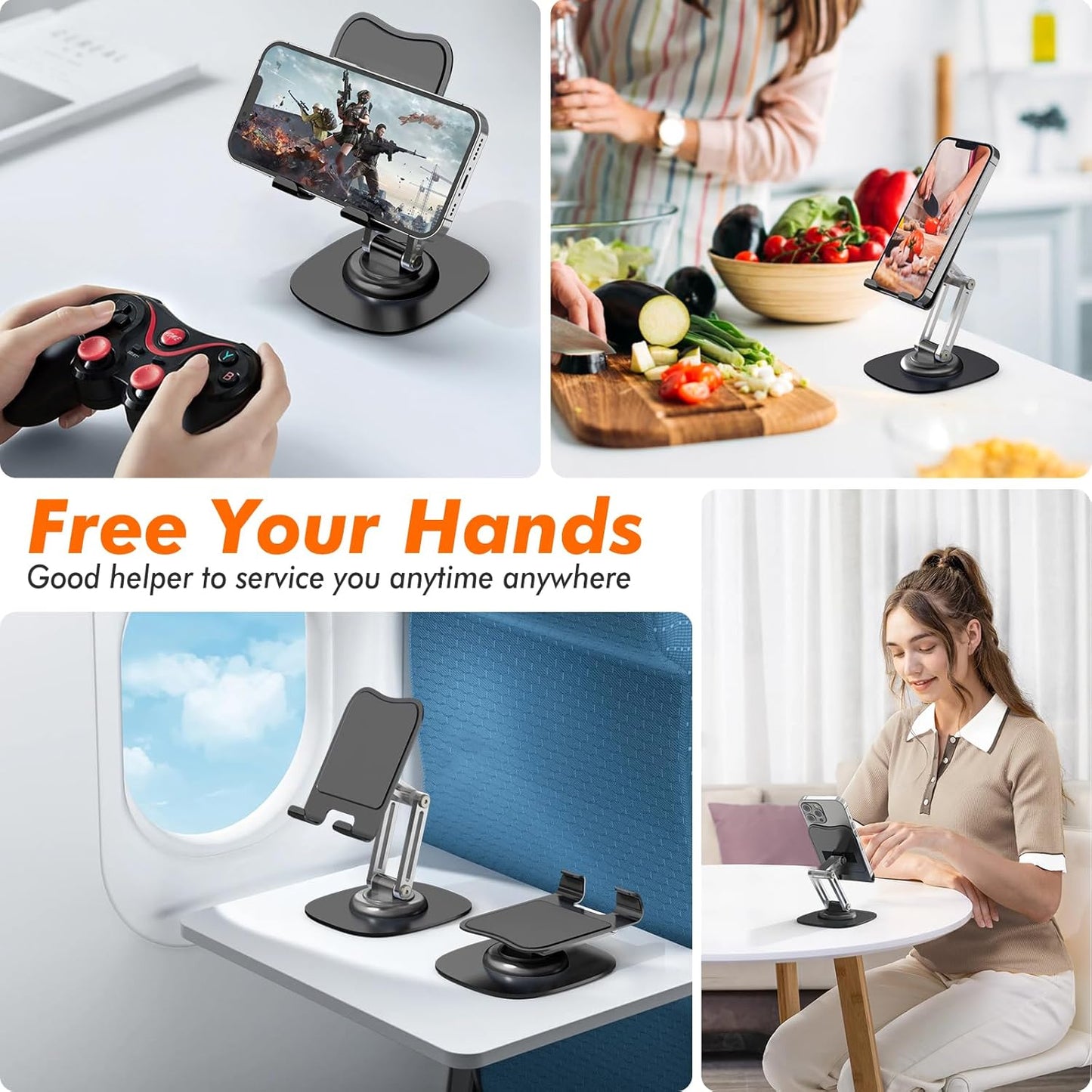 Metal Phone Stand for Desk, Adjustable Foldable Desktop Phone Holder, 360 Degree Rotating Cell Phone Stand for Recording Compatible with iPhone 17 16 15 14 13 12 11 Pro, Black