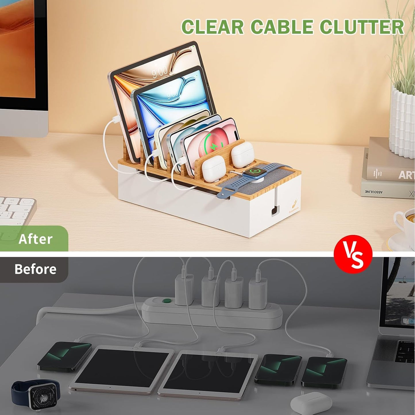 Pezin & Hulin Multi Charger Station Organizer Rack, Bamboo Cable Management Box, Power Strips and Cord Hider, Nightstand Device Organizer (Include 6 Cables)(No Power Charging Supply) -White