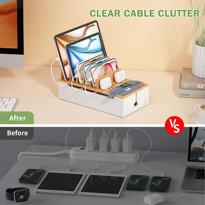 Pezin & Hulin Multi Charger Station Organizer Rack, Bamboo Cable Management Box, Power Strips and Cord Hider, Nightstand Device Organizer (Include 6 Cables)(No Power Charging Supply) -White