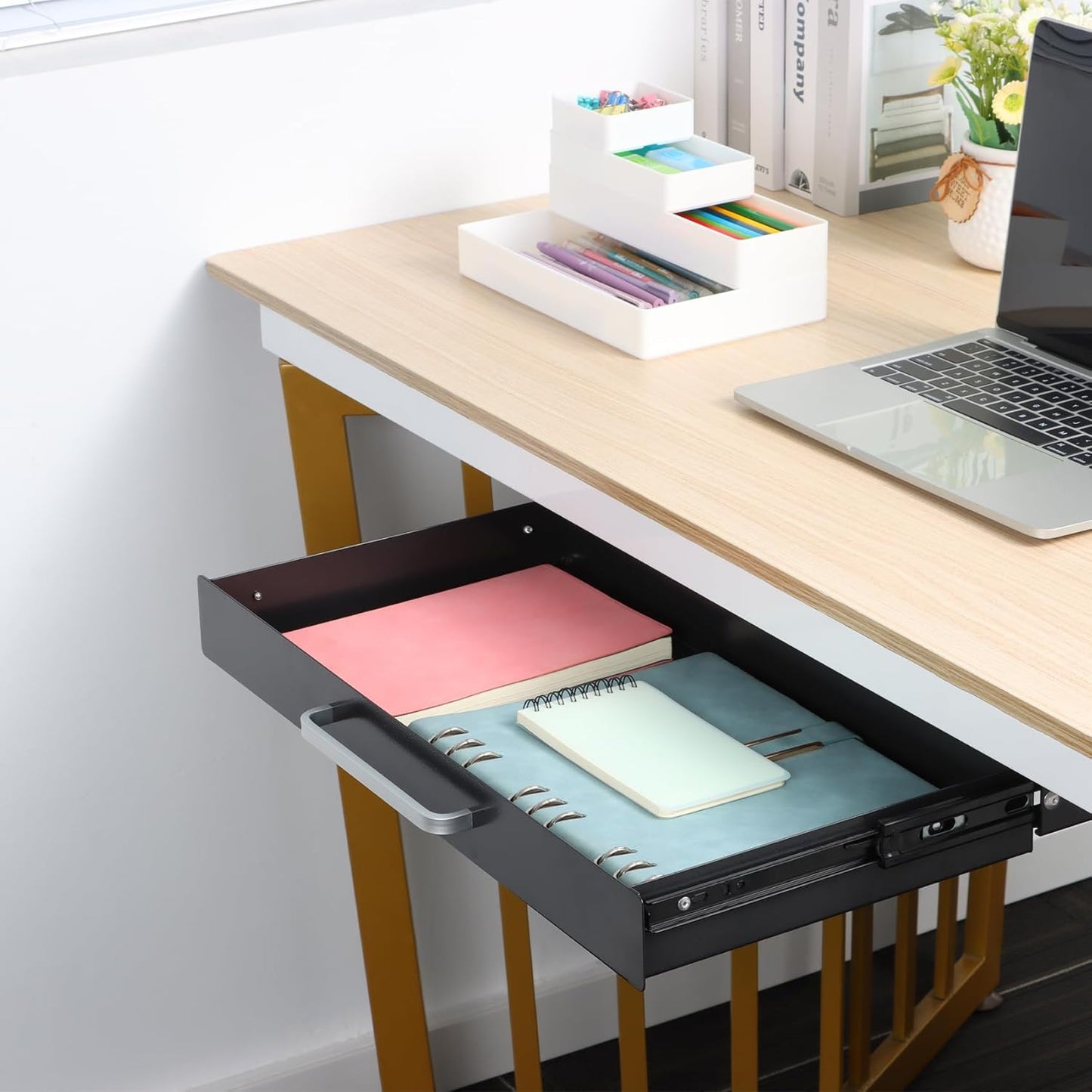 Under Desk Drawer Organizer 21" White Upgrade with Adjustable Brackets, Sliding Pull-Out Under Table Pencil Drawer, Office Standing Desk Attachment for Workbench