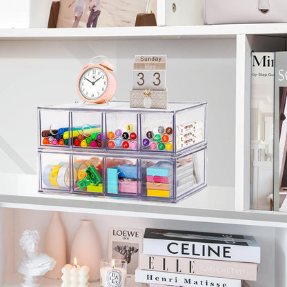 Desk Organizer with 4 Drawers, FODIENS Stackable Desktop Storage Box with Removable Drawer, Clear Sunglasses Organizer Display Case for Stationery Marker Pens Eyeglasses Office Supply