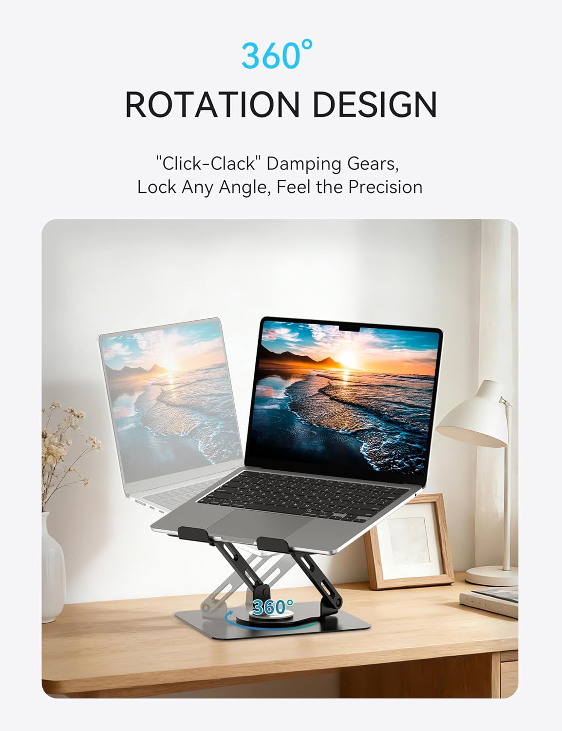 SOUNDANCE 360 Rotating Laptop Stand, Ergonomic Computer Riser for Desk, Adjustable Height Multi-Angle Metal Holder, Foldable Portable Notebook Elevating Base for Office & Home, Silver Grey