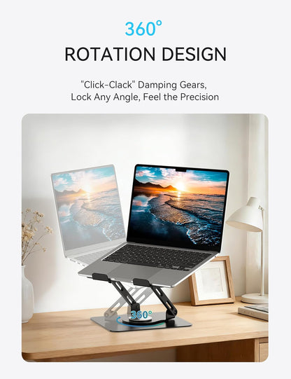 SOUNDANCE 360 Rotating Laptop Stand, Ergonomic Computer Riser for Desk, Adjustable Height Multi-Angle Metal Holder, Foldable Portable Notebook Elevating Base for Office & Home, Silver Grey