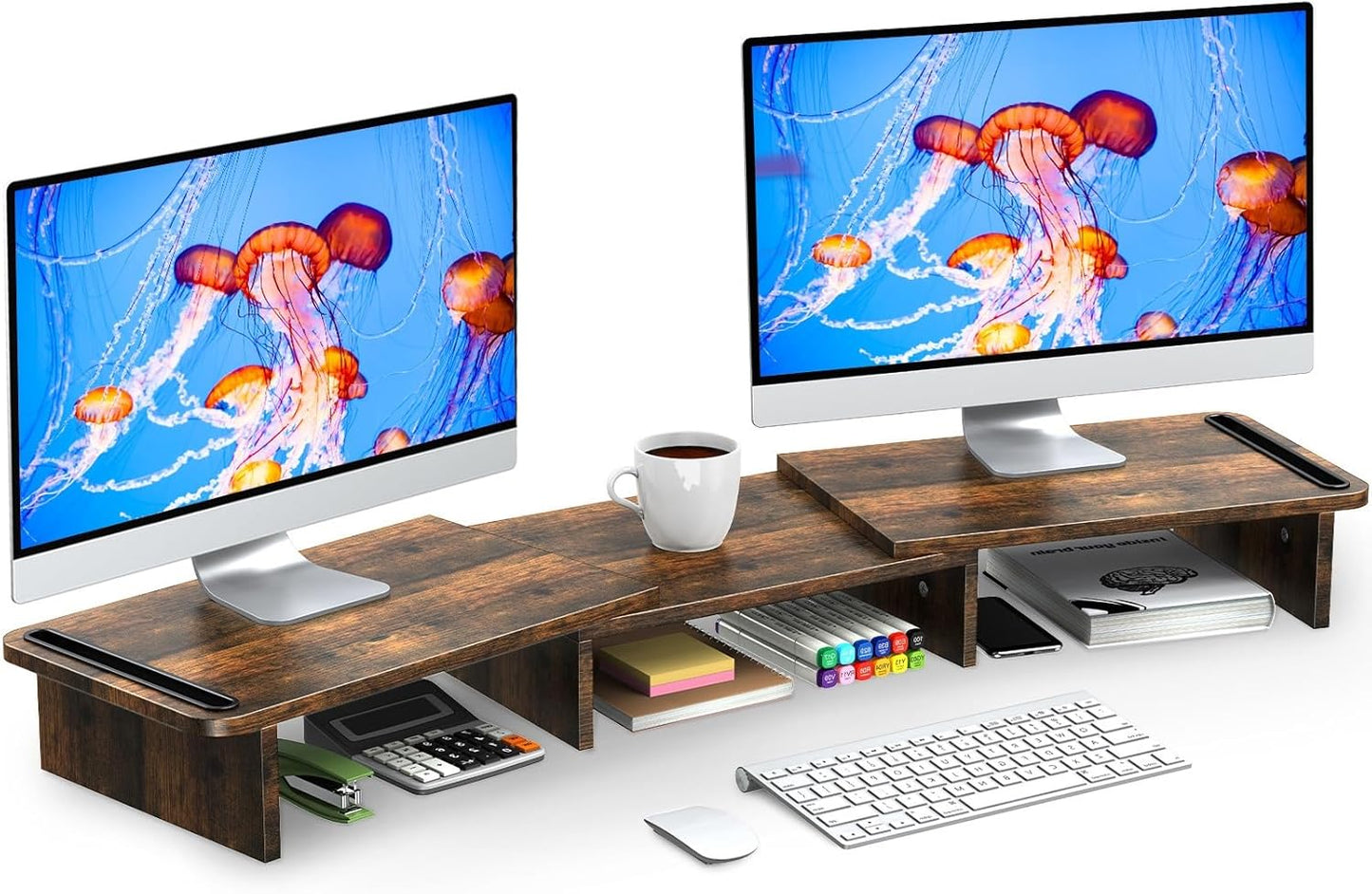 Monitor Stand Riser, 2 Tiers Wood Monitor Riser Stand with Desktop Shelf Storage Organizer, Ergonomic Desk & Tabletop Organizer Desktop Stand for Laptop Computer, MacBook, PC(Rustic Brown)