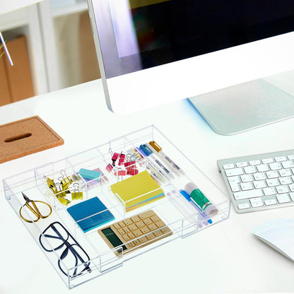 Briwooody 1 Pcs Acrylic Desk Drawer Organizer 9'' up to 16'' x 12'' x 2.2'' Expandable Drawer Organizer Trays with 10 Adjustable Compartments Clear Desk Accessories for Makeup Office Bathroom