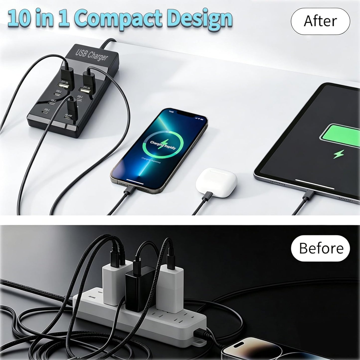 10-Port USB Wall Charger Station with Cables,50W 10A USB C Power Hub for Multiple Device,Phone Charger Block for Samsung Galaxy S25 S24+ S23+ Ultra,Google Pixel,iPhone,Tablet,EarbudsSmartwatch(Black)
