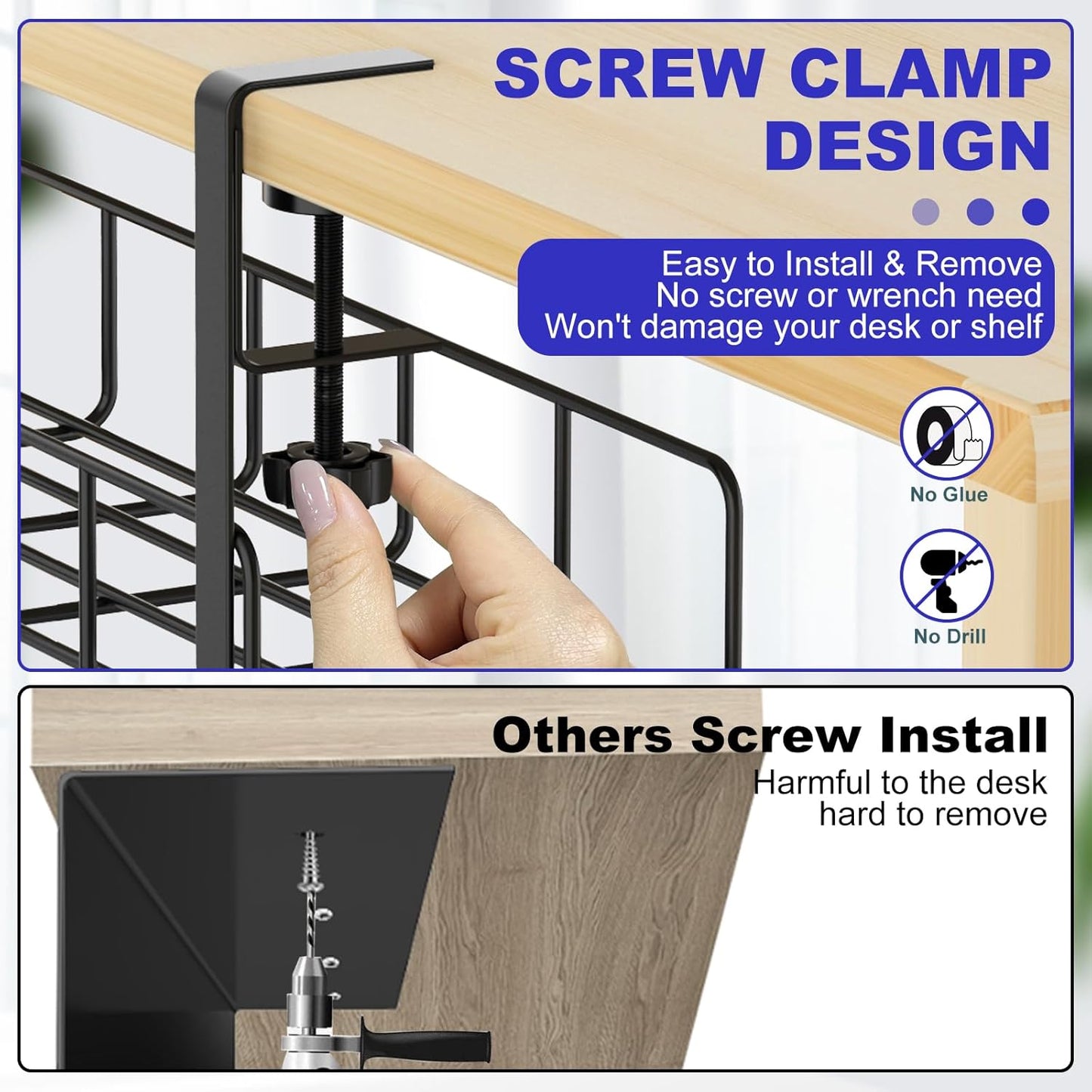 15.7” Under Desk Cable Management Tray, No Drill Steel Cable Tray Organizers, Wire Management Tray Cable Rack with Clamp Mount, Metal Under Desk Tray with Wire and Cord Organizer (Black, 1 Pack)