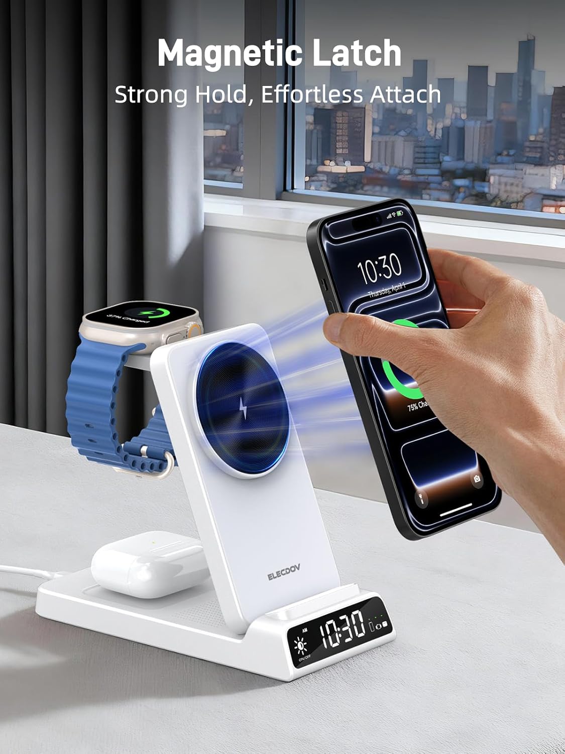 3 in 1 Charging Station for Apple, ELECDOV Magnetic Charger for iPhone, Foldable Wireless Charger with Clock, Travel Watch Charger Stand for iPhone 17/Air/16/15 Series, iWatch 10/AirPods 4 (Grey)