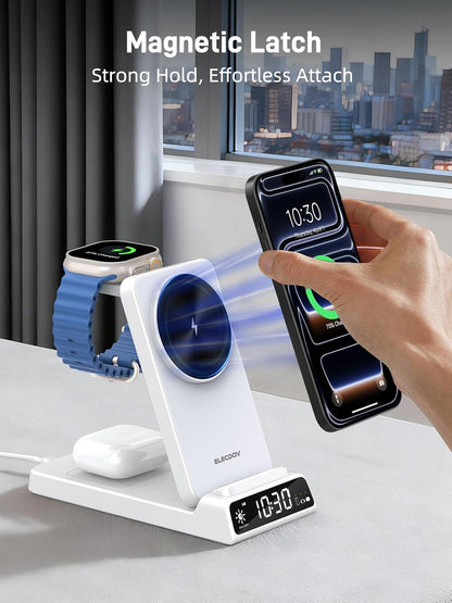 3 in 1 Charging Station for Apple, ELECDOV Magnetic Charger for iPhone, Foldable Wireless Charger with Clock, Travel Watch Charger Stand for iPhone 17/Air/16/15 Series, iWatch 10/AirPods 4 (Grey)