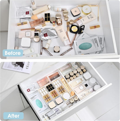 MIUOPUR Expandable Drawer Organizer, Width (10.6"-20.1") Depth (11"-20.1"), Clear Makeup Drawer Organizer with 6 Removable Dividers, Silverware Organizer, Great for kitchen and Bathroom Drawers