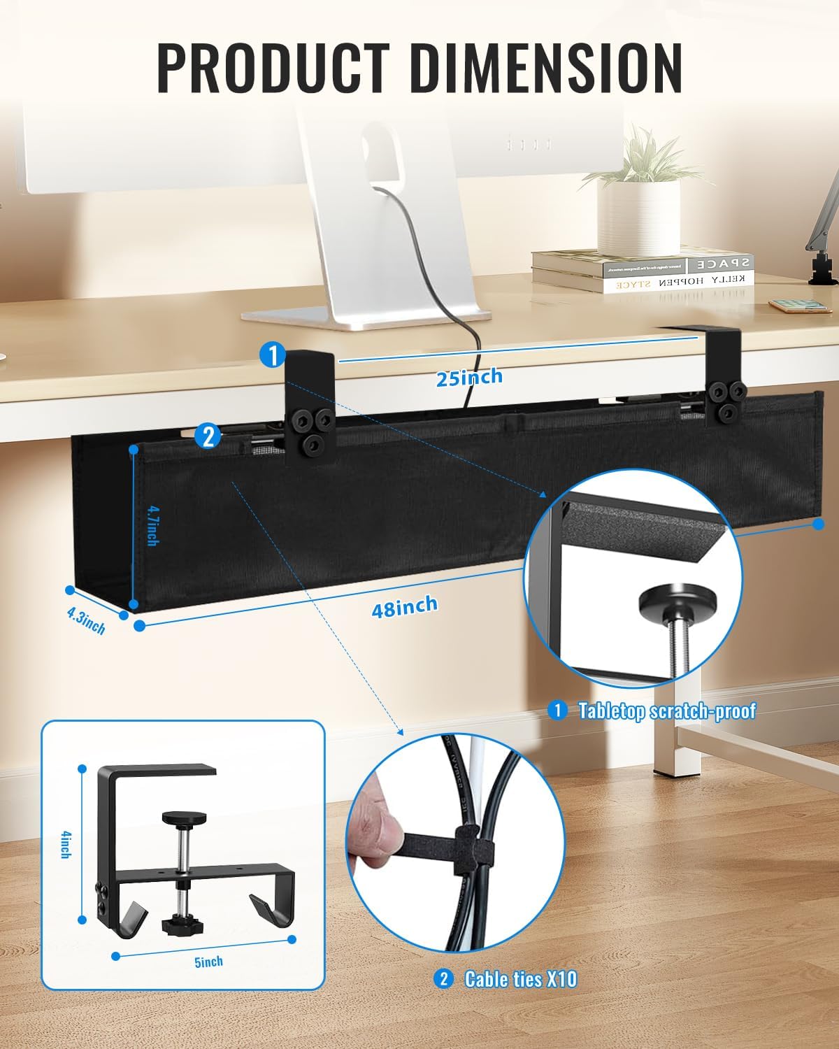36" No Drill Under Desk Cable Management Tray - Upgraded Oxford Fabric with Cable Loop, No Damage to Table for Standing Desks and Home Office (Large (36 Inch))