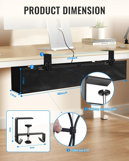 36" No Drill Under Desk Cable Management Tray - Upgraded Oxford Fabric with Cable Loop, No Damage to Table for Standing Desks and Home Office (Large (36 Inch))