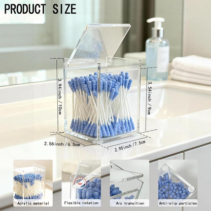 Clear Acrylic Cotton Swab Ball Holder Qtip Organizer with Lid 2-Grid Canister for Make Up Pads, Floss Picks, Vanity Storage,Bath Salts, Cosmetics, Home Bathroom Decor (DP004)