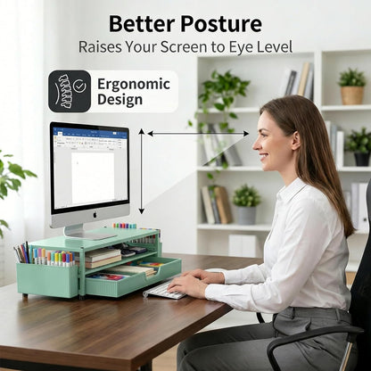 ECOLOVI Desk Organizer and Accessories, 2-Tier Computer Monitor Stand Rise with Storage Drawer & 2 Pen Holders, Laptop & Printer Stand for Desktop, Workspace Organizers for Office Supplies (Blue)
