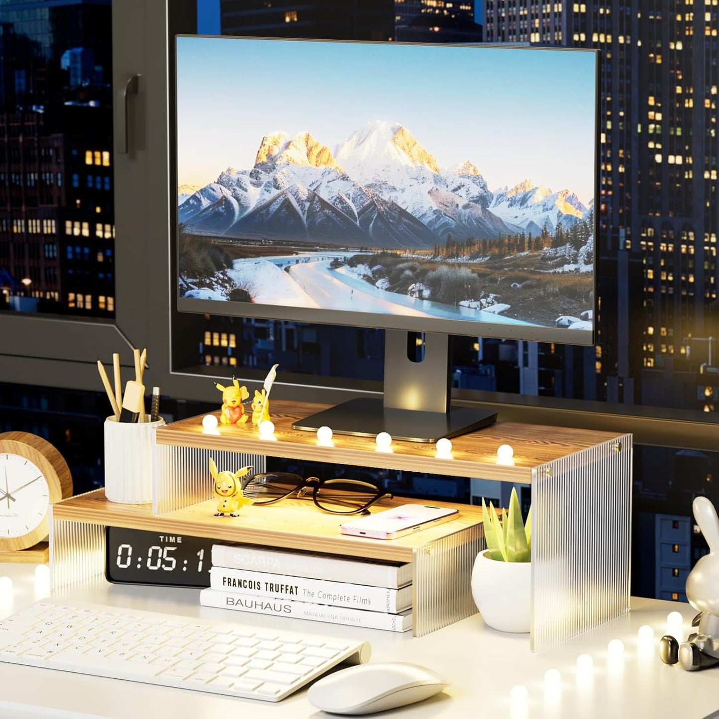 YGYQZ Adjustable Monitor Stand Riser with Acrylic Legs丨7.67" Wide Dual Monitor Stand for Desk丨2-Tier Wood Desktop Organizer for Computer, Laptop, Printer & PC丨Modern Aesthetic Desk Shelf(wood-flat)
