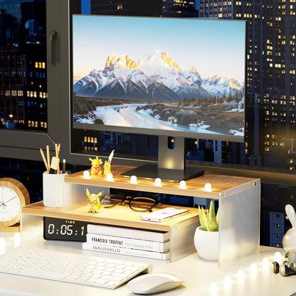 YGYQZ Adjustable Monitor Stand Riser with Acrylic Legs丨7.67" Wide Dual Monitor Stand for Desk丨2-Tier Wood Desktop Organizer for Computer, Laptop, Printer & PC丨Modern Aesthetic Desk Shelf(wood-flat)