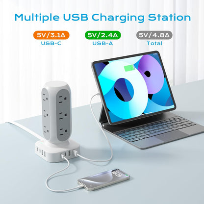 Flat Plug Power Strip Tower 10FT, 40W Total Fast Charging Station, Dual PD 20W USB-C Surge Protector with 12 AC Outlets and 8 USB Ports (4 USB C), Long Extension Cord for Home Office Dorm Room
