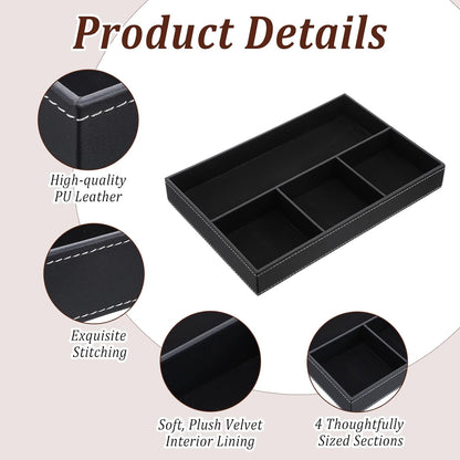 2 Pack Leather Valet Tray for Men - Premium PU Leather Desk & Nightstand Organizer, Stackable Storage Tray for Keys, Wallet, Watch, Phone, Jewelry in Black & Brown