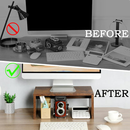 TEAMIX 14.2 inch Monitor Stand Riser, Rustic Brown Wood Monitor Riser with Storage for Desk Small Monitor Stand TV/Screen/PC/Laptop Riser Computer Stand Desktop Shelf (Brown-14.2 inch)