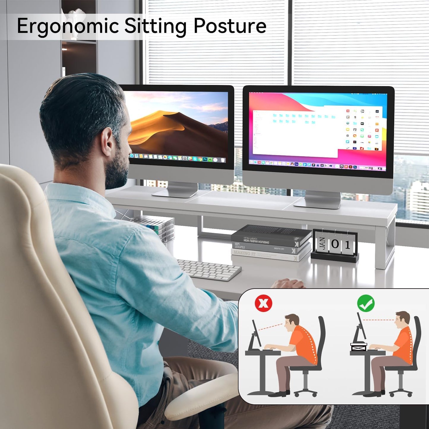 IBUYKE Large Dual Monitor Stand Riser for 2 Monitors, Wooden Desktop Computer Monitor Stand Storage Shelf and Steel Legs,Dual Screen Office Desk,Monitor Riser for Computer, Printer,Laptop,TV,Black UTDJ002B