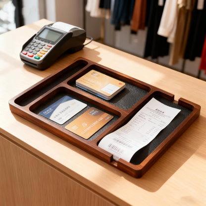 Wooden Valet Tray with Leather Inlay - Key and Wallet Tray, Wooden Jewelry Tray - Nightstand Desk Organizer for EDC Essentials (Keys, Phone, Wallet, Watch, Earbuds) (wood)
