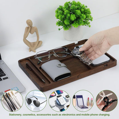 MultiBey Walnut Wood EDC Catch‑All Tray - Solid Black Walnut Valet Tray, Hand‑Polished Rounded Edges, Desk & Entryway Organizer for Keys, Wallets, Watches & Phones
