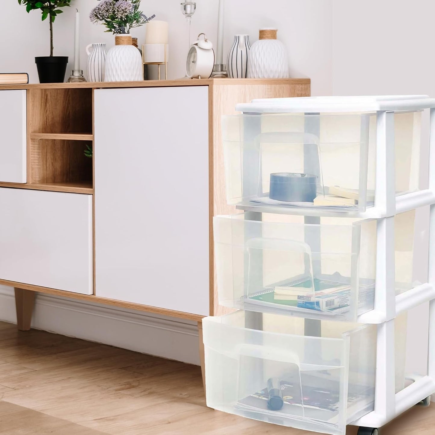 HOMZ Drawer Tower, 3-Tier Rolling Storage Cart with Removable Wheels, White Frame – Plastic Organizer with Clear Bin Drawers for Bedroom, Bathroom, Home Office, and Dorm Room