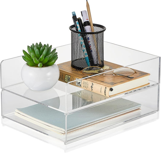 Yulejo 2 Pcs Acrylic Desk Organizers and Accessories Tier Paper File Organizer Tray Stackable Document Clear Desk Accessories for Office Workspace Organization (12.01 x 9.25 x 2.68 Inch)