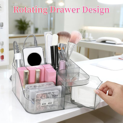 BQAN Transparent Acrylic Nail Desk Organizer with Spinning Drawer, Drill & Brush Holder, Desktop Manicure Tool Storage for Nail Techs, Makeup, Skin Care (Black) - Professional Salon or Home Use