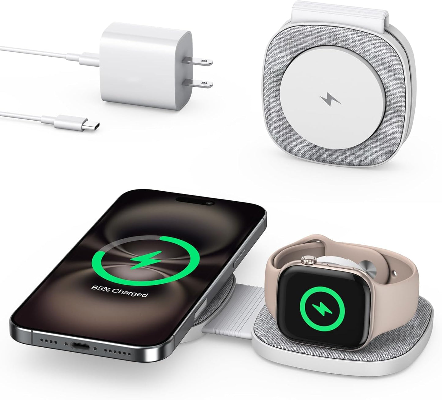 Charging Station for Apple Multiple Devices：2 in 1 Foldable Wireless Charger for Magnetic Wireless Charger Station Travel Charging Pad for Apple iPhone 17 16 15 14 13 12 Series& Apple Watch& Airpods