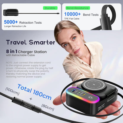 65W 8-in-1 Charging Station, 15W Magnetic Wireless Charger with Retractable Cable, 30W USB C Fast Charging Stand for iPad, Multiple Devices for iPhone 17 16 15 14 13 12 Pro Max Apple Watch Airpods