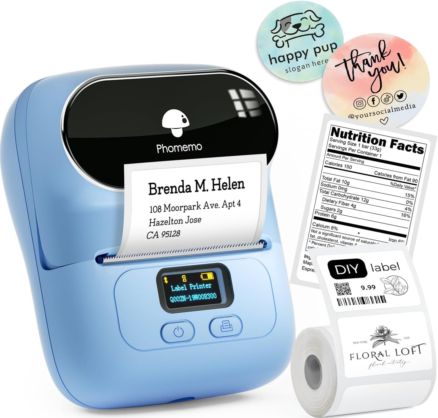 Phomemo Label Printer M110- Small Address Label Maker Bluetooth No Ink Portable for Small Business, Address, Office, Home for Phone; for PC/Mac(USB), with 100 Labels, Baby Pink