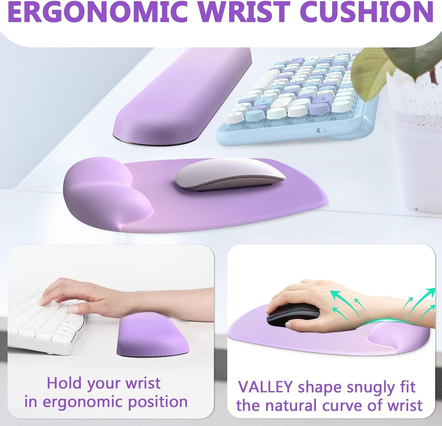 AKIT Ergonomic Mouse Pad with Wrist Rest& Keyboard Wrist Rest, Wrist Rest for Computer Keyboard, Pain Relief, Non-Slip Gel Base, Mousepad Wrist Support for Gaming, Office, Waterdrop Shaped Pink