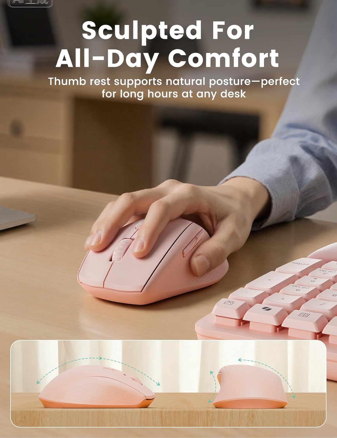 Wireless Keyboard and Mouse Combo, SABLUTE MA41 30dB Quiet Ergonomic Wave Keyboard Set with Soft Leather Palm Rest, Dual-System Switch for Windows/Mac, Ideal for Business Teams Home Office