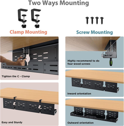 Univivi Under Desk Cable Management Tray - 32" Steel Cord Organizer, No-Drill C-Clamp & Screw Mount for Office/Home, Effortless Wire Management (Black)