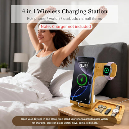 4 in 1 Bamboo Nightstand Organizer, Wood Phone Docking Station, Phone Charger Stand for iPhone 12-18 Series & Android, Desktop Organizer for iWatch & Airpods, Gifts for Men, Dad, Anniversary