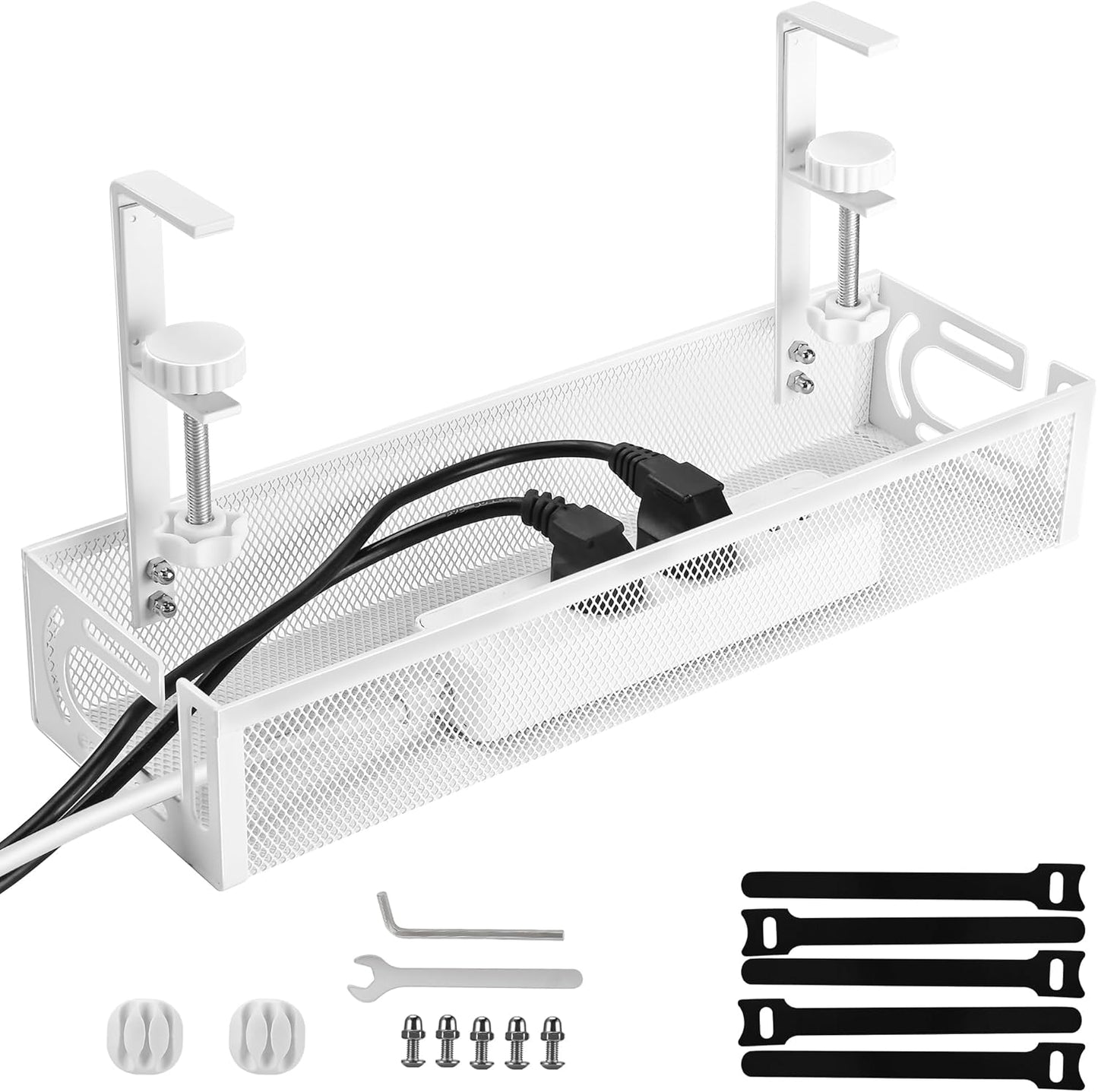Under Desk Cable Management Box 25.3 Inch – Clamp-Mounted Cable Organizer Tray, Large Cord Management Box for Office & Home, Wire Organizer Under Desk Storage, White