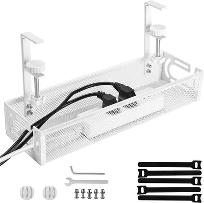 Under Desk Cable Management Box 25.3 Inch – Clamp-Mounted Cable Organizer Tray, Large Cord Management Box for Office & Home, Wire Organizer Under Desk Storage, White