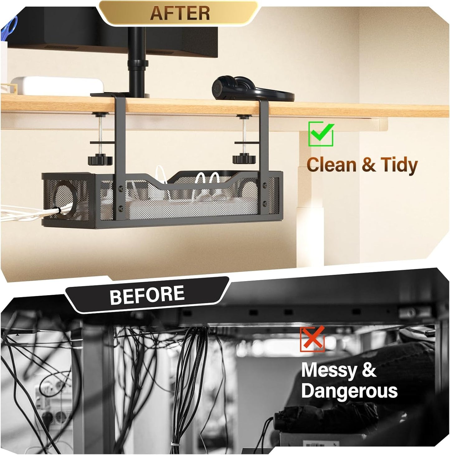 Under Desk Cable Management Tray White, Cinati Wire Organizers No Drill, Cable Tray with Clamp for Wire Management, Cord Organization Box for Office, Home - No Damage to Desk